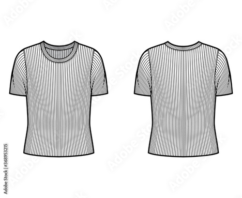 Ribbed crew neck knit sweater technical fashion illustration with short rib sleeves, oversized body. Flat outwear apparel template front, back white color. Women, men unisex shirt top CAD mockup