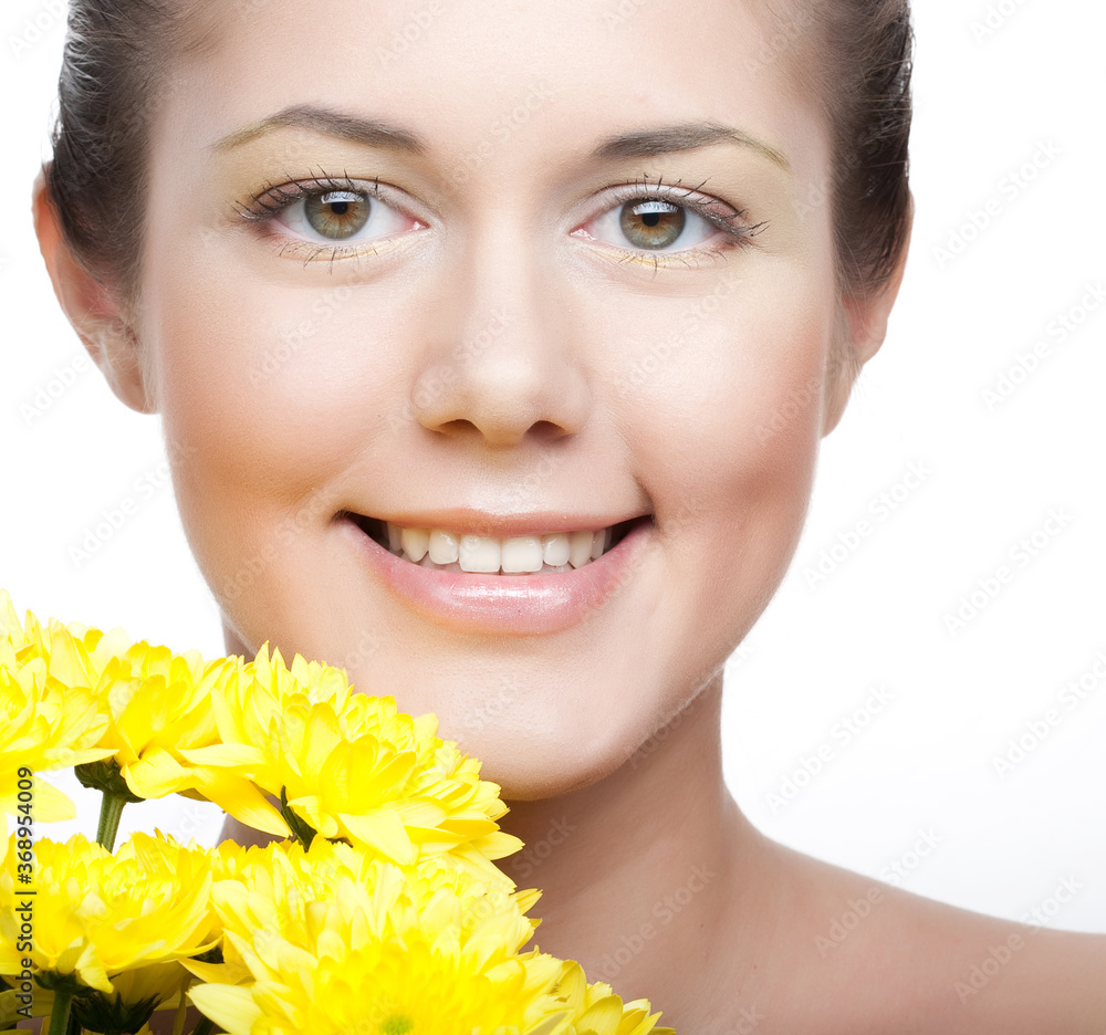 female face with the yellow chrysanthemum female face with the yellow chrysanthemum
