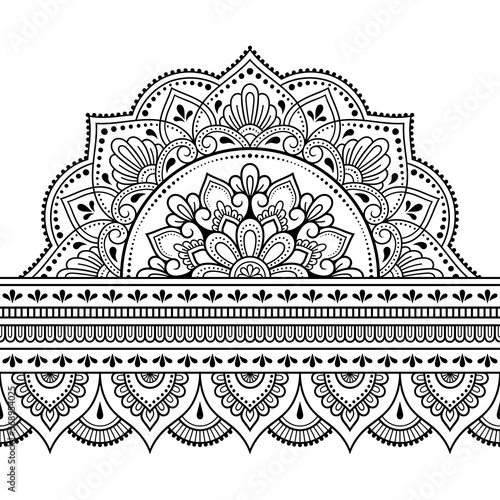 Seamless borders with mandala for design, application of henna, Mehndi and tattoo. Decorative pattern in ethnic oriental, Indian style. Doodle ornament. Outline hand draw vector illustration.
