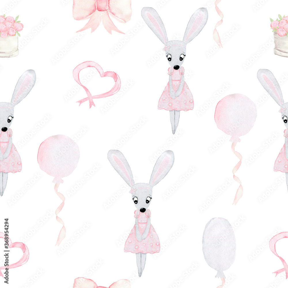 Watercolor pattern with animals. Bunny, balloon, box of roses, pink bow. Dancer. Printing for textiles. Gift paper.