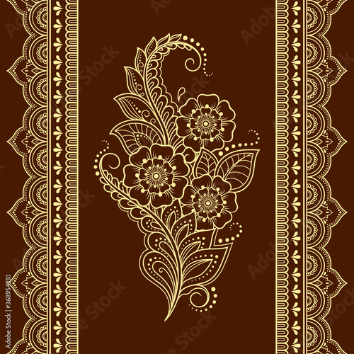 Seamless pattern of mehndi flower and border for Henna drawing and tattoo. Decorative doodle ornament in ethnic oriental, Indian style. Outline hand draw vector illustration.