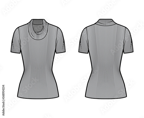 Ribbed cowl turtleneck knit sweater technical fashion illustration with short rib sleeves, tunic length. Flat outwear apparel template front, back grey color. Women, men, unisex shirt top CAD mockup