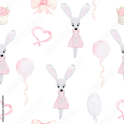 Watercolor pattern with animals. Bunny, balloon, box of roses, pink bow. Dancer. Printing for textiles. Gift paper.