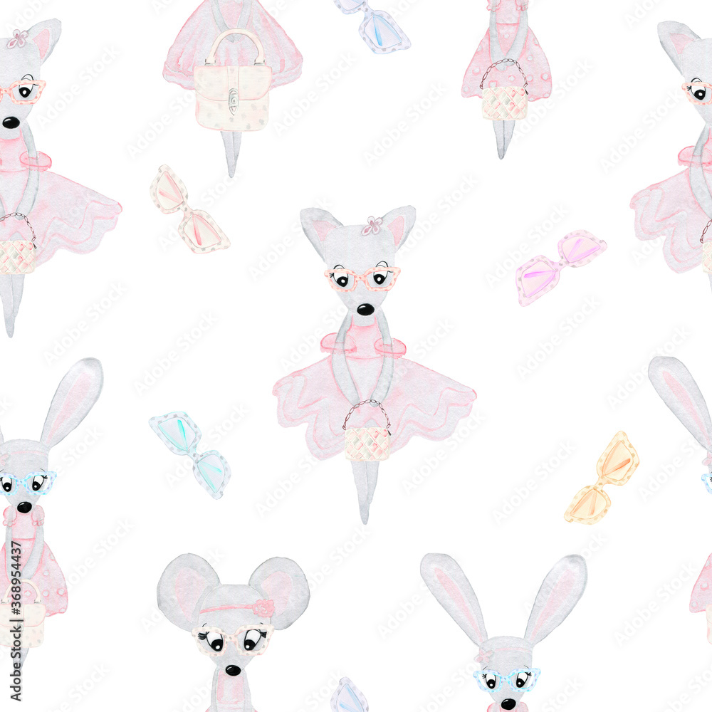 Watercolor pattern with animals. Cat, bunny and mouse with glasses. Dancers. Sunglasses. Printing for textiles. Gift paper.