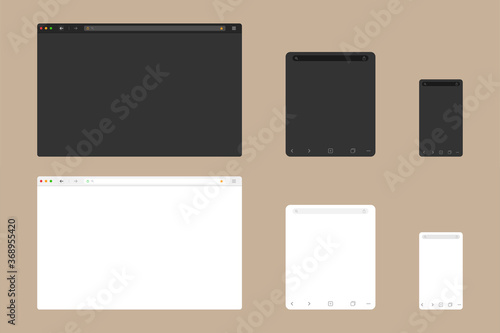 Web browser window mockup in light and dark modern flat design. Website page of computer with green lock and favorites icon. Desktop, tablet and mobile template of browser. Vector EPS 10.