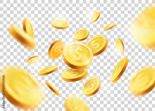 Realistic Gold coins explosion. Isolated on transparent background.gold coins falling 3d, icon with shadows