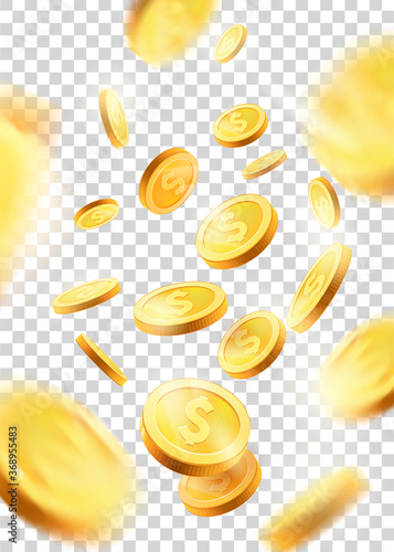 Realistic Gold coins explosion. Isolated on transparent background.gold coins falling 3d, icon with shadows