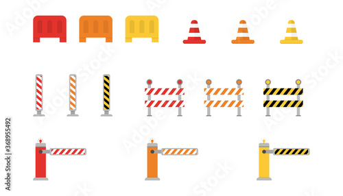 Set of road barriers. Warning roadblock border. Striped street signs. Attention construction fence due to work. Street road sign.  Isolated caution barrier. Vector EPS 10.