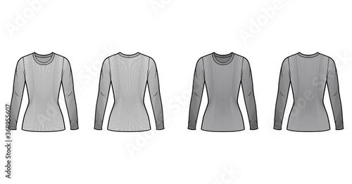 Ribbed crew neck knit sweater technical fashion illustration with long sleeves, close-fitting shape tunic length. Flat outwear apparel template front back white grey color. Women men unisex shirt top