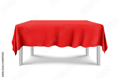 White square Table with tablecloth red on a white background.cloth,realistick,3d.furniture for interior, vector