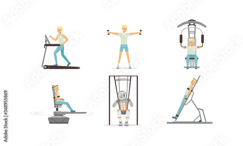Astronaut Physical Training Set, Male Astronaut Doing Physical Workout, Running on Treadmill, Testing Flat Style Vector Illustration