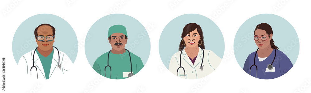 Indian Medics. Medical Characters. Doctors and nurses round portraits, team of doctors concept, medical office or laboratory. Modern flat vector concept digital people vector illustration Indian Medics. Medical Characters. Doctors and nurses round portraits, team of doctors concept, medical office or laboratory. Modern flat vector concept digital people vector illustration