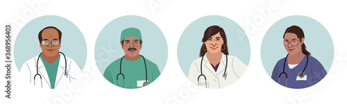 Indian Medics. Medical Characters. Doctors and nurses round portraits, team of doctors concept, medical office or laboratory. Modern flat vector concept digital people vector illustration