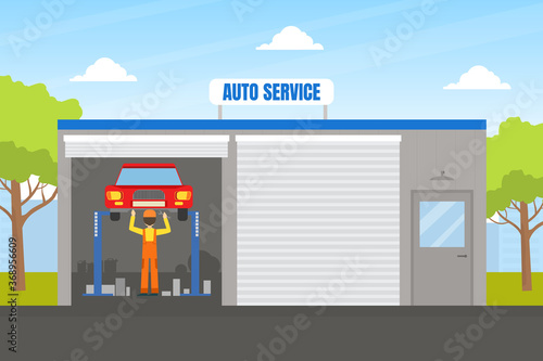 Auto Repair Service, Auto Mechanic Character in Overalls Repairing Car Lifted on Hoist Vector Illustration