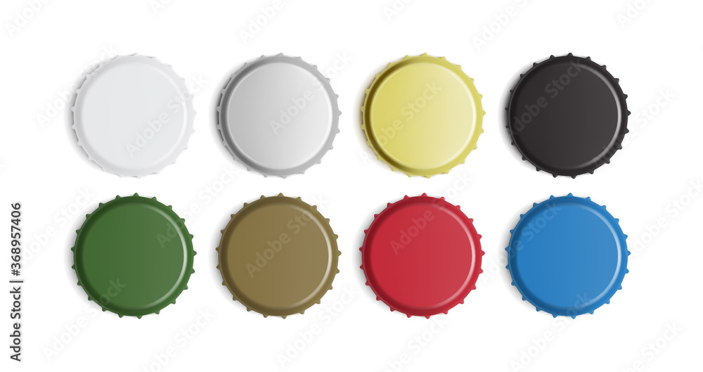 multicolored bottle caps isolated on white background mock up vector