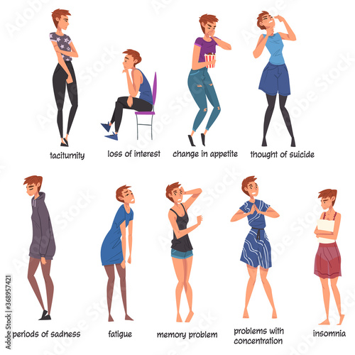Bipolar Disorder Symptoms Set, Girl Suffering from Manic Depressive Illlness, Mental Health Concept Cartoon Style Vector Illustration