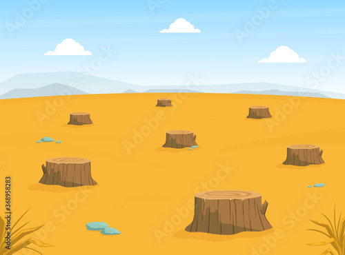 Sandy Desert Landscape with Many Stumps, Deforestation, Drought, Global Warming Conept Vector Illustration