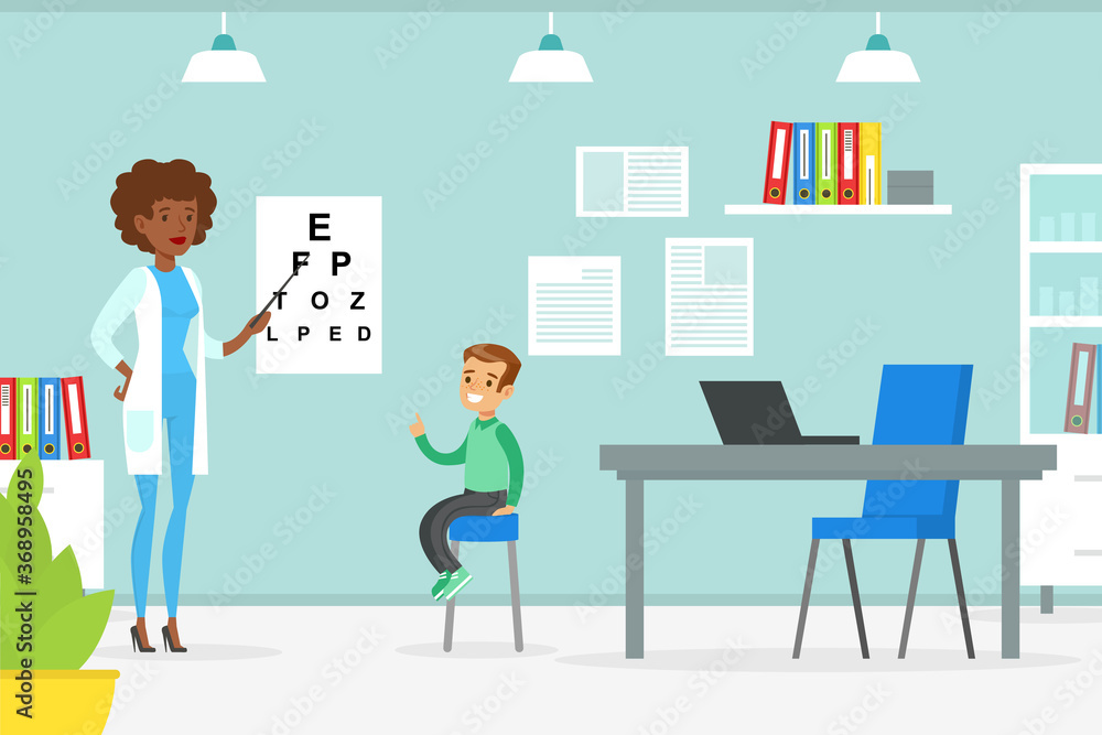 Optometrist Checking Boy Eyesight with Test Chart, Doctor Woman Doing Medical Examination of Kid, Medical Service Concept Vector Illustration Optometrist Checking Boy Eyesight with Test Chart, Doctor Woman Doing Medical Examination of Kid, Medical Service Concept Vector Illustration