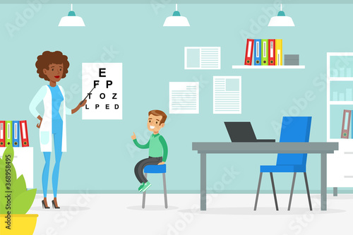 Optometrist Checking Boy Eyesight with Test Chart, Doctor Woman Doing Medical Examination of Kid, Medical Service Concept Vector Illustration