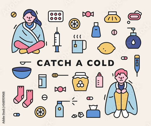 Characters with colds and icons related to colds.