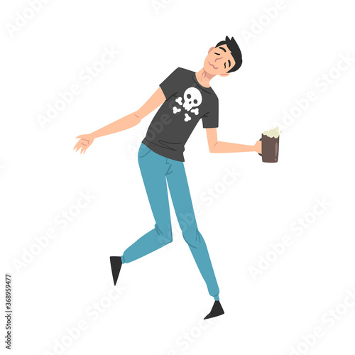 Boozy Drunk Man Walking Tipsy Screwed with Beer Mug in his Hands, Drunkenness, Bad Habit Concept Cartoon Style Vector Illustration