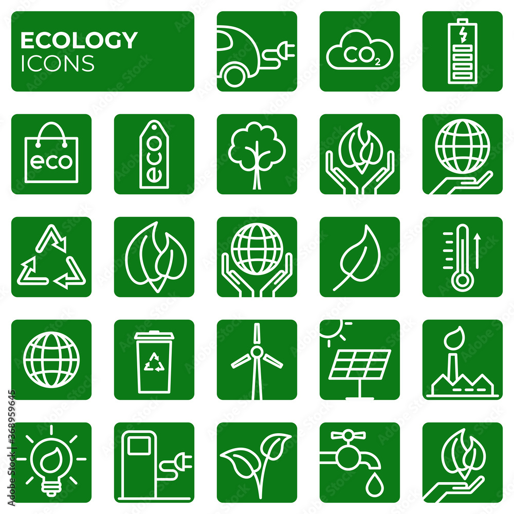 Ecology icons set. Environment protection. Alternative renewable energy. Global warming. Decarbonation. Eco friendly block linear sign collection. Vector symbols, icon Ecology icons set. Environment protection. Alternative renewable energy. Global warming. Decarbonation. Eco friendly block linear sign collection. Vector symbols, icon