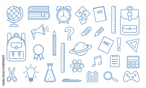 School supplies icons isolated on white background. Blue line design. Vector illustration