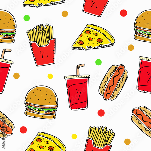 Fast food seamless pattern draw in colorful doodle style suitable for background or wallpaper 