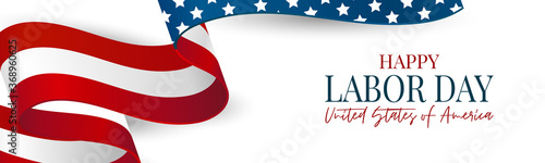 Labor Day banner. USA national federal holiday header design. American flag waving ribbon background. Realistic vector illustration.
