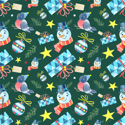 Seamless Christmas pattern. Jointless ornament with a snowman, bullfinch, gift box, ball, star, fir. Watercolor illustrations on a green background. For winter holidays, new year, children's design.