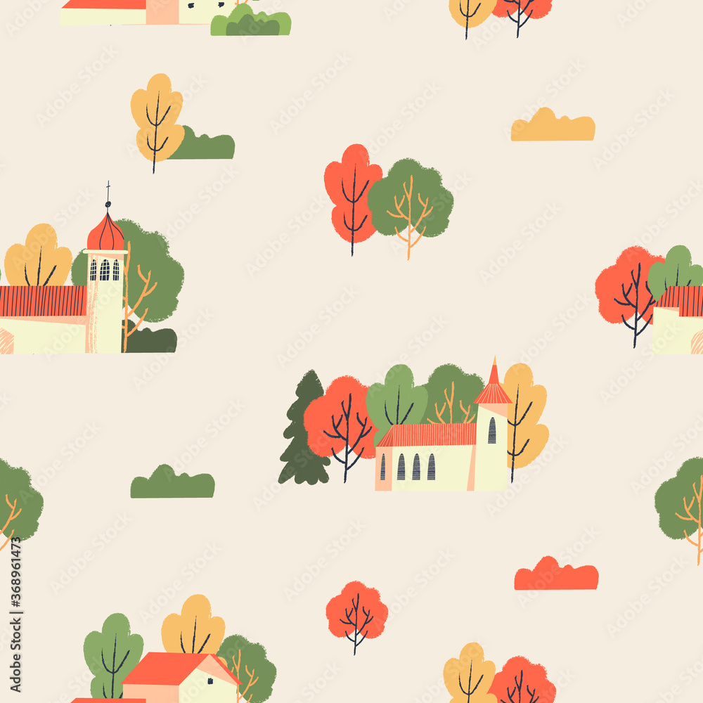 Autumn seamless pattern on a beige background. Warm colour scheme. Rural landscape, old buildings among autumn trees. Vector illustration. Autumn seamless pattern on a beige background. Warm colour scheme. Rural landscape, old buildings among autumn trees. Vector illustration.