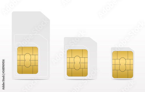 Set of blank sim cards for phone. Sim card - mini, micro, nano. Vector realistic illustration.