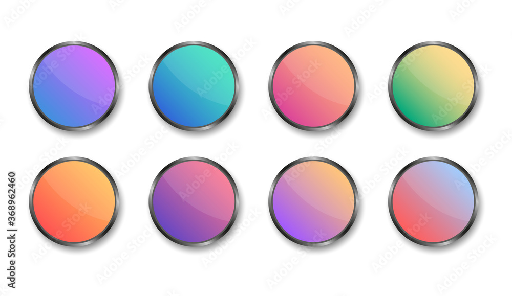 Modern colored round buttons set. Blank template of web metallic buttons. For web site and ui.