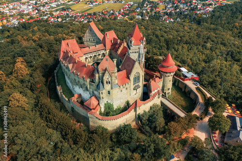 Burg Kreuzenstein from the Sky. Kreuzenstein Castle ist one of the most beautiful sights of Lower Austria. Amazing old castle where the movie The Three Musketeers was filmed in 1993. photo