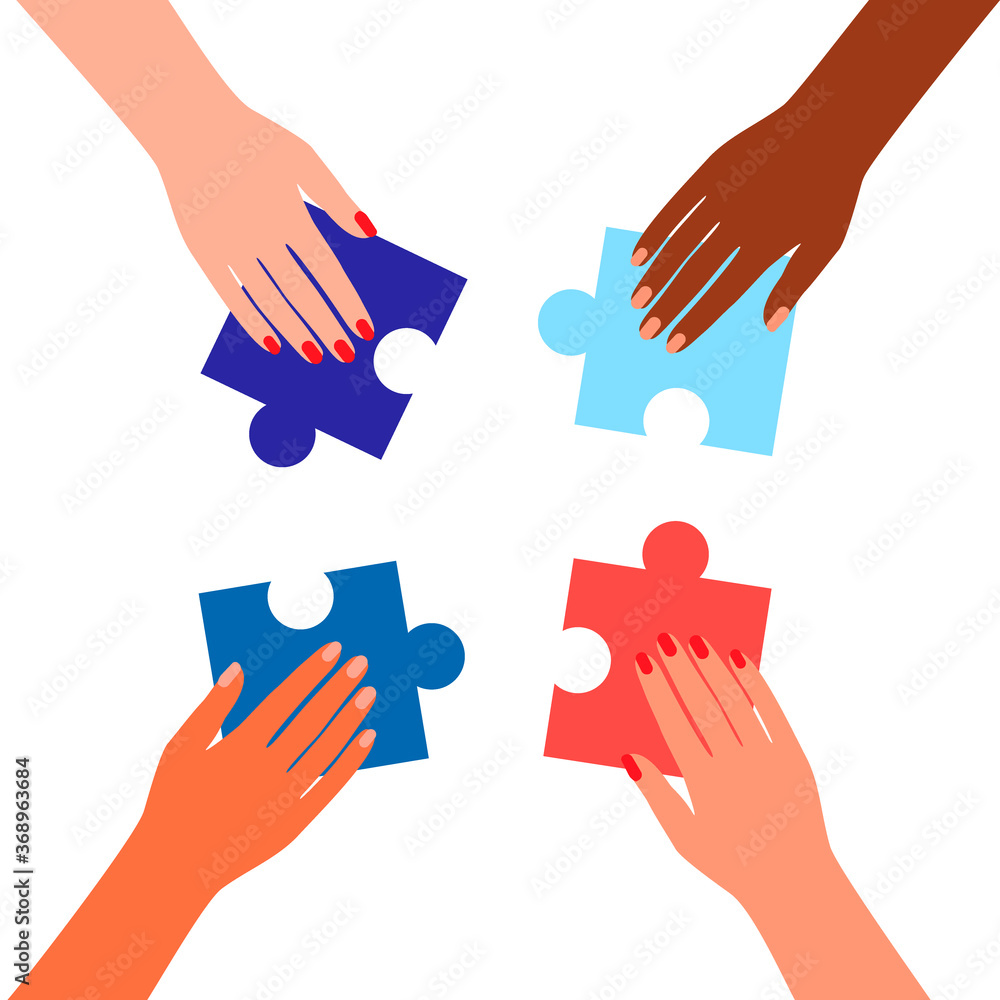 People caucasian and black assembling jigsaw puzzle. Coworking and business partnership man and woman concept. Team metaphor. Symbol of teamwork, cooperation, partnership, team building. Vector