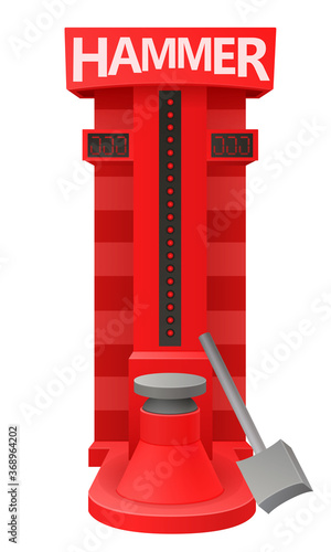 carnival fair red electronic high striker strength tester strongman game attraction machine with hammer isolated on white background. realistic 3d vector illustration