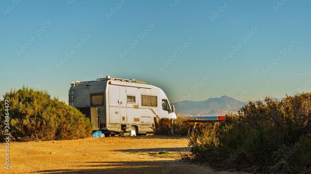 Camper car on beach, camping on seashore