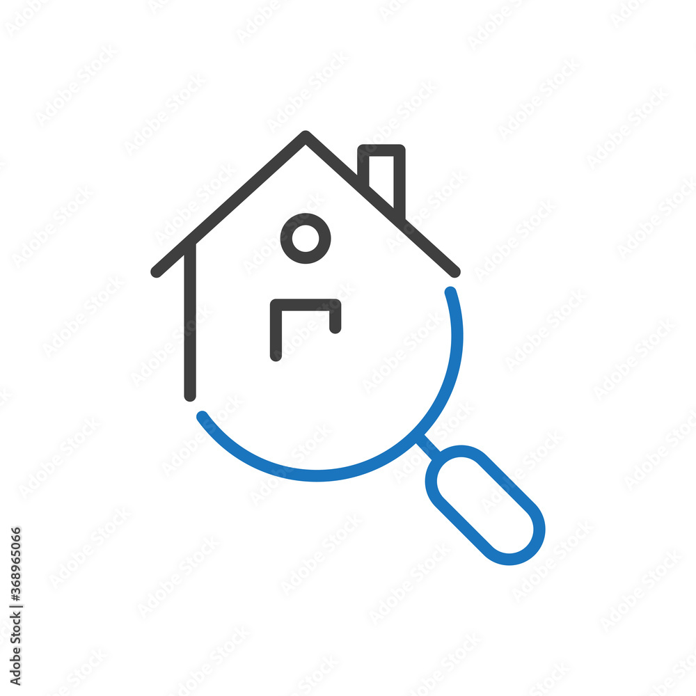 Concepto buscar casa en agencia inmobiliaria. Icono plano lineal casa con lupa en color gris y azul Concepto buscar casa en agencia inmobiliaria. Icono plano lineal casa con lupa en color gris y azul