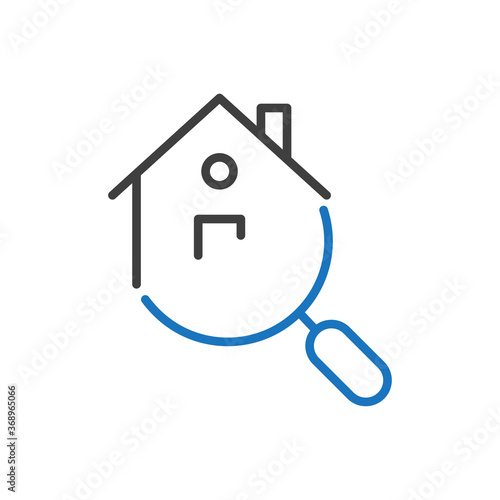 Concepto buscar casa en agencia inmobiliaria. Icono plano lineal casa con lupa en color gris y azul