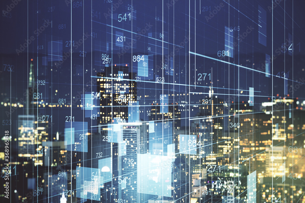 Naklejka premium Multi exposure of creative statistics data hologram on San Francisco skyscrapers background, stats and analytics concept