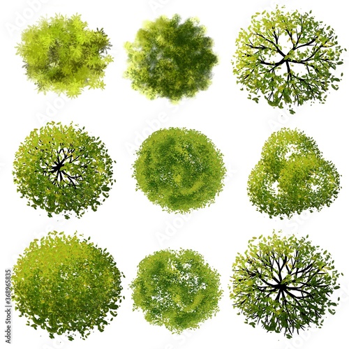 Set of watercolor tree top view for landscape plan and architecture layout 