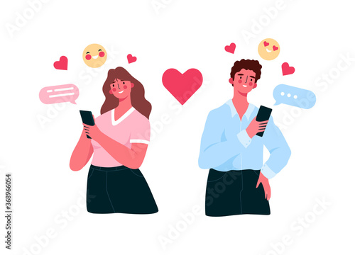 Virtual relationships, online dating, social networking concept during lockdown. Man and woman chatting online, meeting at dating app vector flat illustration. Couple chat on a cell phone.
