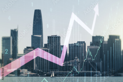 Double exposure of abstract creative financial chart and upward arrow illustration on San Francisco city skyscrapers background  research and strategy concept