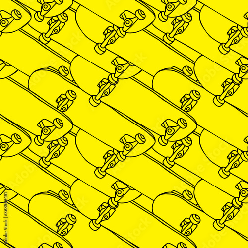 skateboard in outline style hand drawing vector illustration seamless pattern isolated in yellow background