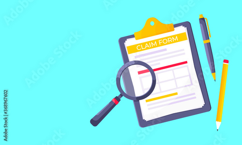 Clipboard with claim form on it, paper sheets, magnifying glass isolated on light blue background flat style design vector illustration. Concept of fill out or online survey insurance application form