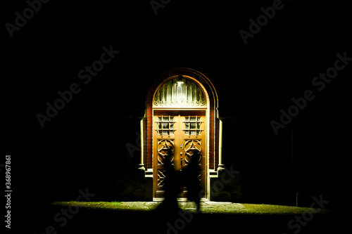 Lund, Sweden The facade of the Lund Cathedral at night. photo