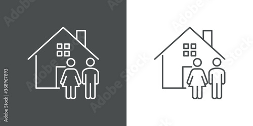 Concepto vivienda familiar. Icono plano lineal hombre y mujer en casa en fondo gris y fondo blanco