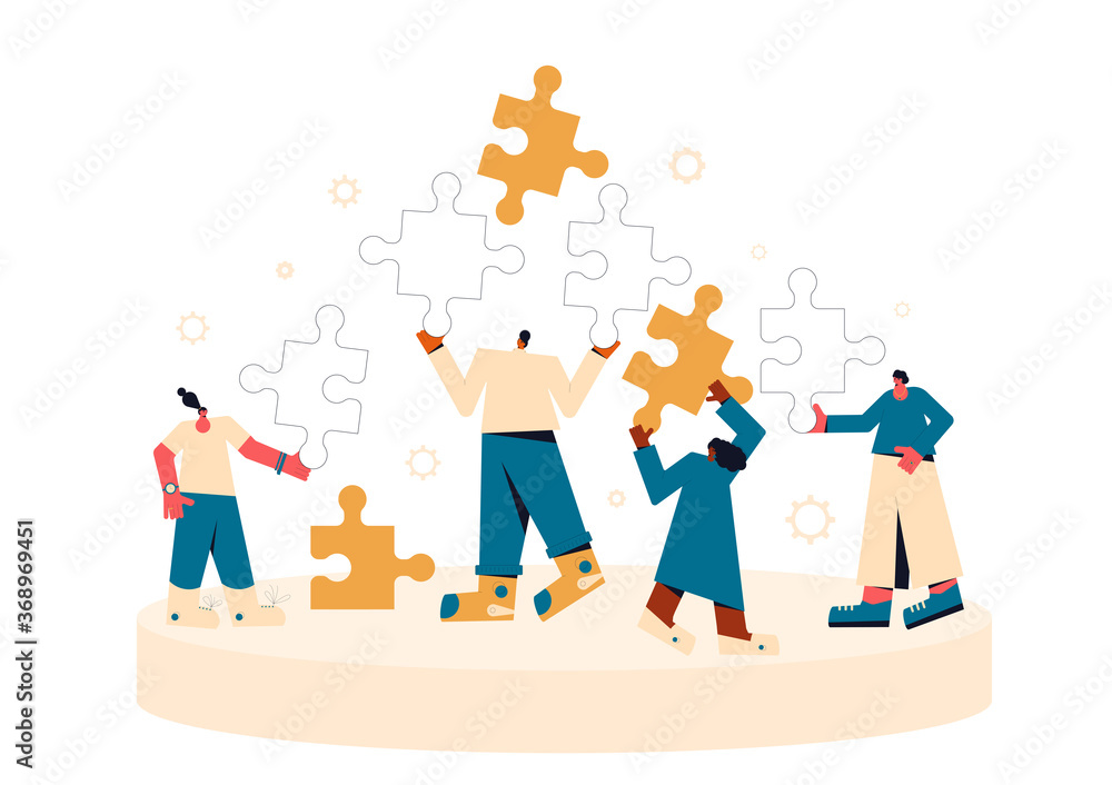 Teamwork concept. Business team coworking Tiny people with huge puzzles pieces. Collaboration. Vector flat illustration. Teamwork concept. Business team coworking Tiny people with huge puzzles pieces. Collaboration. Vector flat illustration.