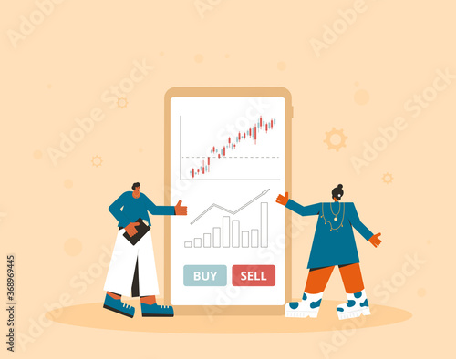 Online trading technology. Invest in the company's bonds. Minor shareholders getting money. Stock market  boom. Growth in equity prices. Tiny people with huge phone. Vector flat color illustration.