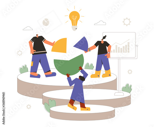Data analytics team. Financial report concept. Business presentation preparation. Tiny people with huge circular diagram and graph. Teamwork. Vector flat illustration.